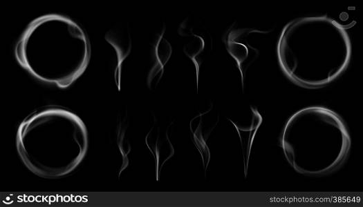 Steam smoke shapes. Smoking vapor streams, steaming vaping ring and vapor waves translucent. Hookah, cigarette or vape smoke fog motion. Realistic 3D effect isolated vector symbols set. Steam smoke shapes. Smoking vapor streams, steaming vaping ring and vapor waves translucent realistic 3D effect isolated vector set