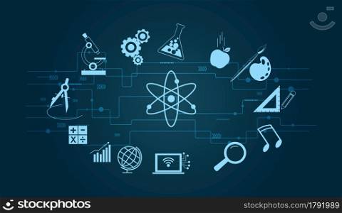 STEAM, STEM Education Consisting of Science Technology Engineering Art Mathematics, calculate. Vector Illustration characteristics are digital relation circuits. Online education web concept.