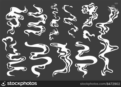 Steam vapor effect. Cartoon cigarette curly smoke, fog and steam comic design. Vector isolated set effects isolated silhouette vapor. Steam vapor effect. Cartoon cigarette curly smoke, fog and steam comic design. Vector isolated set