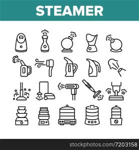 Steamer Domestic Tool Collection Icons Set Vector. Electric Food Cooking Multi Steamer, Vacuum Cleaner And Humidifier Equipment Concept Linear Pictograms. Monochrome Contour Illustrations. Steamer Domestic Tool Collection Icons Set Vector
