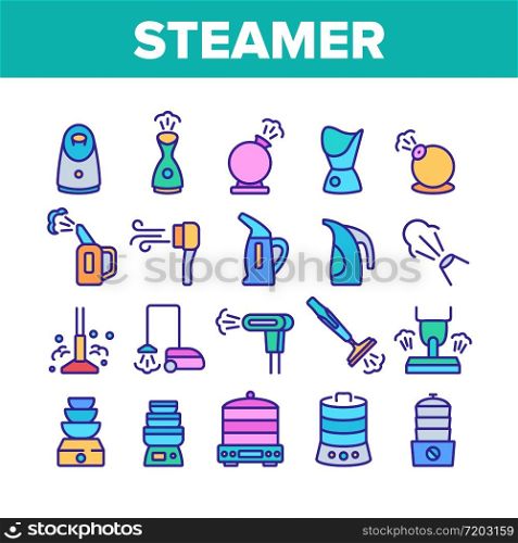 Steamer Domestic Tool Collection Icons Set Vector. Electric Food Cooking Multi Steamer, Vacuum Cleaner And Humidifier Equipment Concept Linear Pictograms. Color Illustrations. Steamer Domestic Tool Collection Icons Set Vector