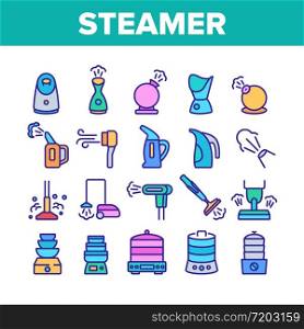 Steamer Domestic Tool Collection Icons Set Vector. Electric Food Cooking Multi Steamer, Vacuum Cleaner And Humidifier Equipment Concept Linear Pictograms. Color Illustrations. Steamer Domestic Tool Collection Icons Set Vector
