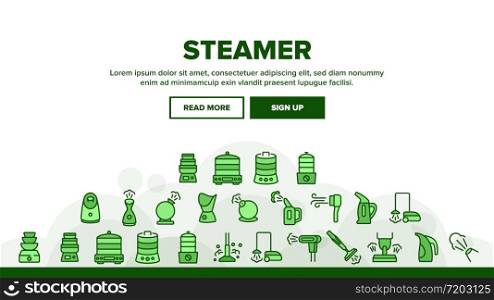 Steamer Domestic Tool Landing Web Page Header Banner Template Vector. Electric Food Cooking Multi Steamer, Vacuum Cleaner And Humidifier Equipment Illustrations. Steamer Domestic Tool Landing Header Vector