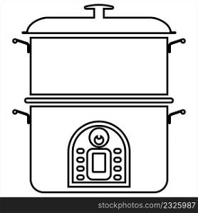 Steamer Pot Icon, Food Steamer, Steam Cooker Icon, Kitchen Appliance Which Prepare Foods With Steam Heat Vector Art Illustration