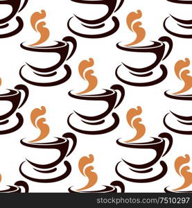 Steaming coffee cup seamless pattern with brown and beige cappuccino coffee mugs. Steaming coffee cup seamless pattern