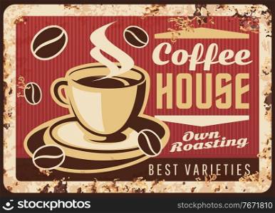 Steaming coffee cup vector rusty metal plate, Coffee house retro promo poster with mug and steam, brown hot fresh roast beverage grunge rust tin sign. Traditional drink taste ferruginous vintage card. Steaming coffee cup vector rusty metal plate.