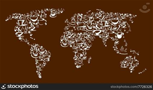 Steaming coffee cups, pots and beans vector world map. Freshly brewed espresso, cappuccino or latte, hot chocolate or macchiato coffee drinks in mugs and demitasse cups with saucers and steam. Steaming coffee cups, pots, beans vector world map