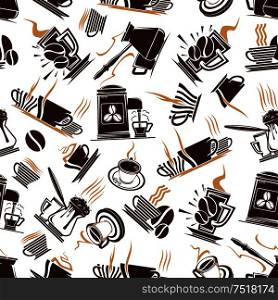 Steaming hot aroma coffee cups with vapor and espresso machine isolated on white seamless pattern. Can be used in kitchen or restaurant, restaurant theme.. Coffee cups and espresso machine seamless pattern