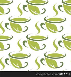Steaming hot cup of fresh green herbal tea in shades of green, seamless repeat pattern in square format. Cup of fresh green herbal tea