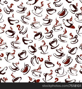 Steaming hot cups of fragrant coffee or tea with vapor isolated on white seamless pattern. Can be used in cafe or restaurant, kitchen theme.. Cups of coffee or tea with vapor seamless pattern