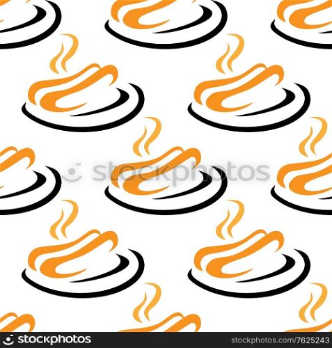 Steaming hotdogs served on a plate seamless background pattern, sketch motif in square format. Steaming hotdogs seamless pattern