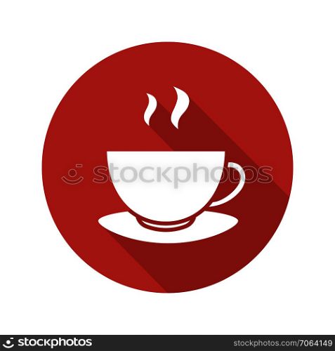 Steaming teacup flat design long shadow icon. Hot steamy coffee mug on plate. Vector silhouette symbol. Steaming teacup flat design long shadow icon