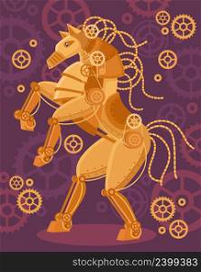 Steampunk art golden horse poster mechanical figurine and mechanisms around on a purple background vector illustration. Steampunk Golden Horse Poster