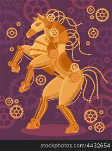 Steampunk Golden Horse Poster. Steampunk art golden horse poster mechanical figurine and mechanisms around on a purple background vector illustration