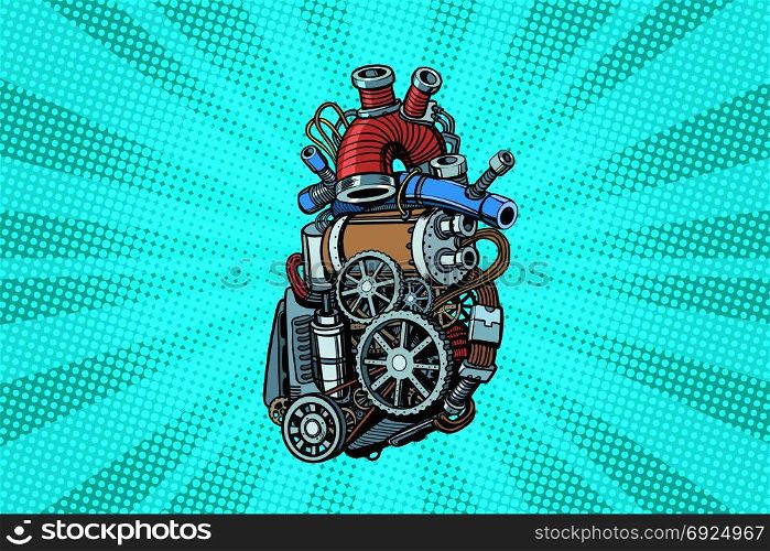 Steampunk heart motor. Pop art retro vector illustration. Steampunk heart motor
