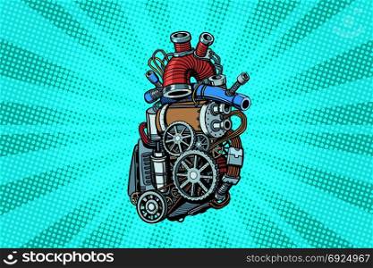 Steampunk heart motor. Pop art retro vector illustration. Steampunk heart motor