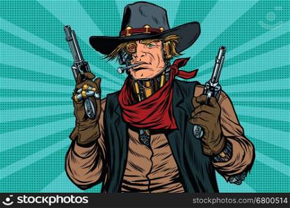 Steampunk robot cowboy bandit with gun, pop art retro vector illustration. Science fiction. Wild West Western