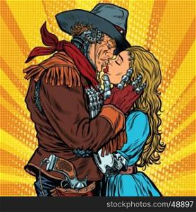 Steampunk robots. Cowboy kisses the girl, pop art retro vector illustration. Western style. Science fiction. Love couple