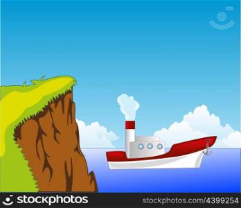 Steamship beside coast. The Steep coast and white steamship seaborne.Vector illustration