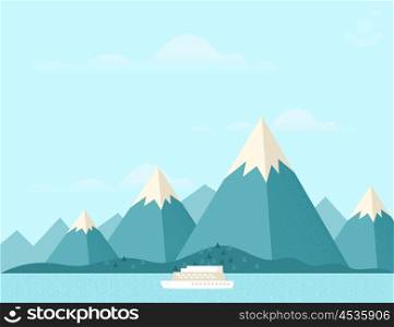 Steamship with mountains in background. Vector illustration