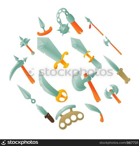 Steel arms items icons set. Cartoon illustration of 16 steel arms items vector icons for web. Steel arms items icons set, cartoon style