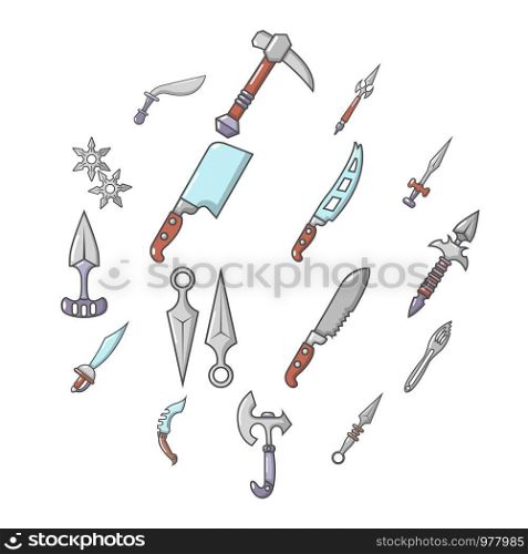 Steel arms items icons set. Cartoon illustration of 16 steel arms items vector icons for web. Steel arms items icons set, cartoon style