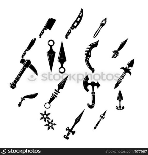 Steel arms items icons set. Simple illustration of 16 steel arms items vector icons for web. Steel arms items icons set, simple style
