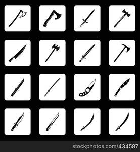 Steel arms symbols icons set in white squares on black background simple style vector illustration. Steel arms symbols icons set squares vector