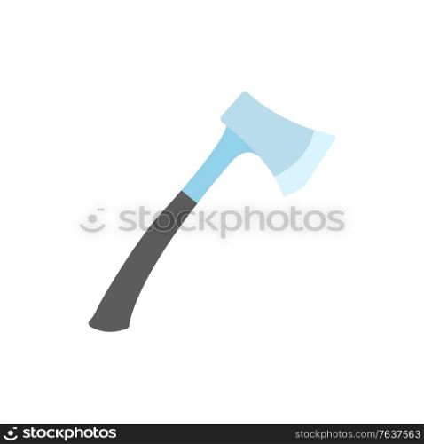 Steel axe isolated on white, element for woodworking or lumberjack emblem or icon. Flat design of single iron object, metal ax with black handle vector. Metal Ax with Black Handle, Flat Steel Axe Vector