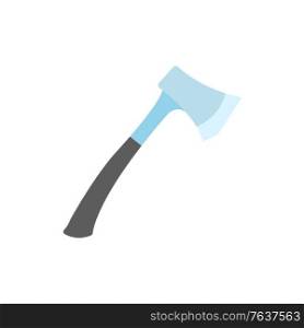 Steel axe isolated on white, element for woodworking or lumberjack emblem or icon. Flat design of single iron object, metal ax with black handle vector. Metal Ax with Black Handle, Flat Steel Axe Vector