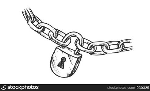 Steel Chain And Brass Padlock Monochrome Vector. Lock And Iron Chain. Linked Metallic Rings Elements Engraving Concept Mockup Hand Drawn In Vintage Style Black And White Illustration. Steel Chain And Brass Padlock Monochrome Vector