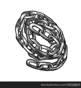 Steel Chain Security Accessory Color Vector. Swirled Classic Chain. Linked Metal Rings Elements Engraving Concept Template Designed In Vintage Style Illustration. Steel Chain Security Accessory Color Vector