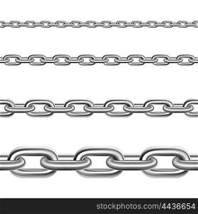 Steel Chains Horizontal Realistic Set . Stainless metal broad and thin steel realistic chains fragments collection for decoration and construction isolated vector illustration