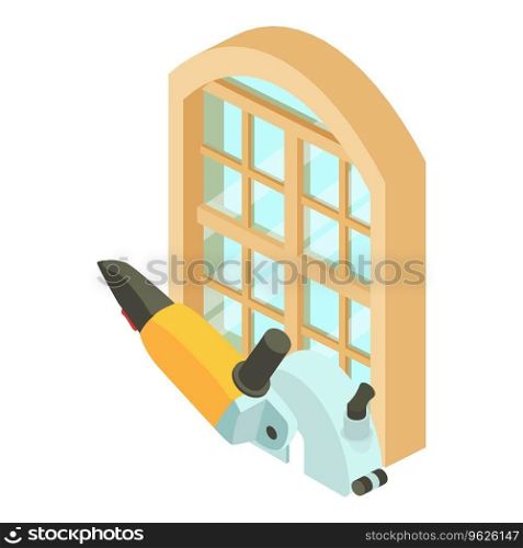 Steel cutting icon isometric vector. Steel cut off machine and large window icon. Construction work. Steel cutting icon isometric vector. Steel cut off machine and large window icon