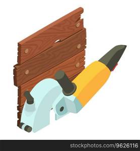 Steel cutting icon isometric vector. Steel cut off machine and wooden board icon. Metalworking, construction work. Steel cutting icon isometric vector. Steel cut off machine and wooden board icon