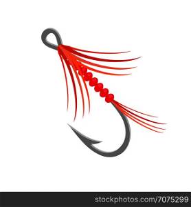 Steel Fishing Hook with Red Feathers Isolated on White Background. Steel Fishing Hook
