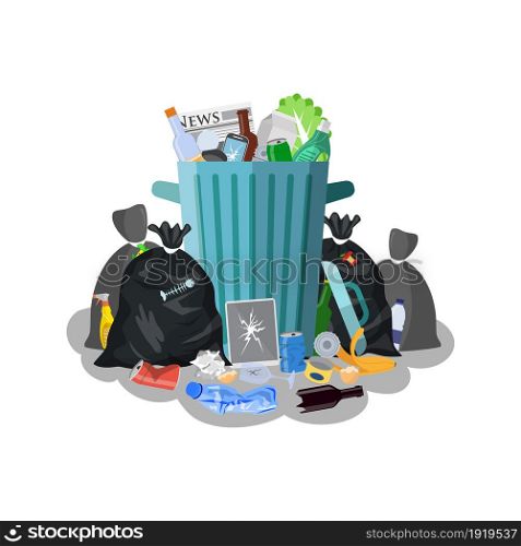 Steel garbage bin full of trash. Overflowing garbage, food, rotten fruit, papers,containers and glass. Garbage recycling and utilization equipment. Vector illustration in flat style. Steel garbage bin full of trash.
