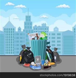 Steel garbage bin full of trash. Overflowing garbage, food, rotten fruit, papers,containers and glass. Garbage recycling and utilization equipment. Vector illustration in flat style. Steel garbage bin full of trash.