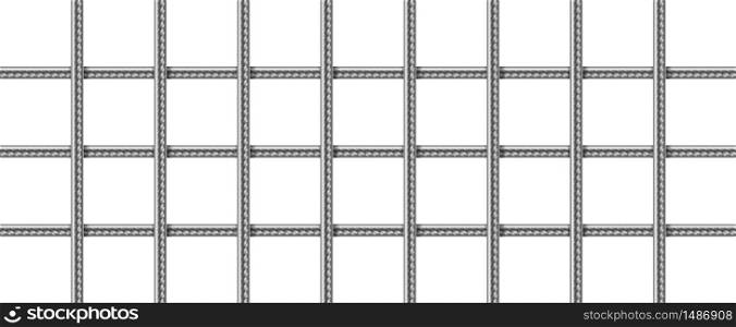 Steel grid from reinforced rebars, welded metal wire mesh. Vector realistic lattice of iron rods for building construction, cage or prison cell. Grate of stainless armature on white background. Grid of steel rebars, welded metal wire mesh