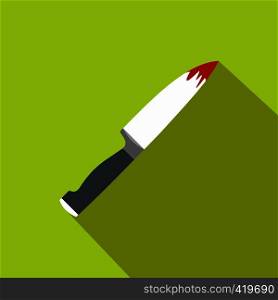 Steel knife covered with blood flat icon on a green background. Steel knife covered with blood flat