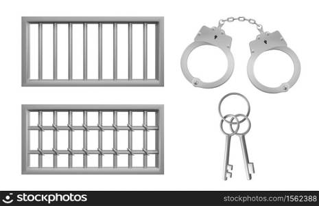 Steel lattice for prison windows, handcuffs and keys. Jail grid and manacles stuff for criminals and prisoners incarceration punishment isolated on white background. Realistic 3d vector illustration. Steel lattice for prison windows, handcuffs, keys