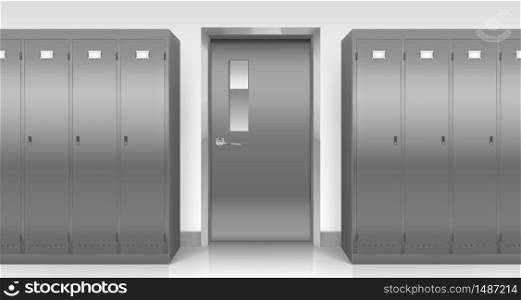 Steel lockers and door, vector school, office, gym or pool changing room metal cabinets and entry. Row of grey storage furniture with closed doors in college or university, Realistic 3d illustration. Steel lockers and door, changing room cabinets