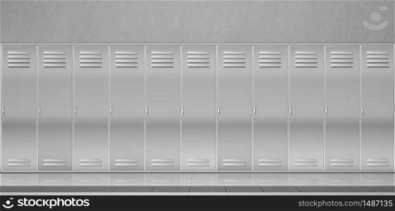 Steel lockers in school corridor or changing room in gym. Vector realistic interior with individual metal cabinets with closed doors in sport or fitness club. Security storage in public room. Steel lockers in school corridor or changing room