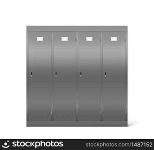 Steel lockers in school corridor or changing room in gym. Vector realistic interior with individual metal cabinets with closed doors in sport or fitness club. Security storage in public room. Steel lockers in school corridor or changing room