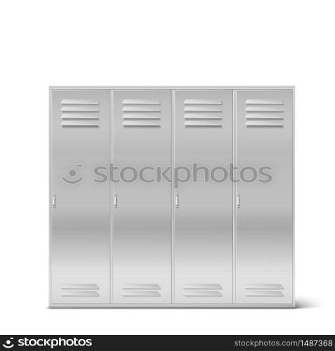 Steel lockers, vector school or gym changing room metal cabinets. Row of grey storage furniture with closed doors in college, university, office isolated on white background, Realistic 3d illustration. Steel lockers, vector high school or gym cabinets