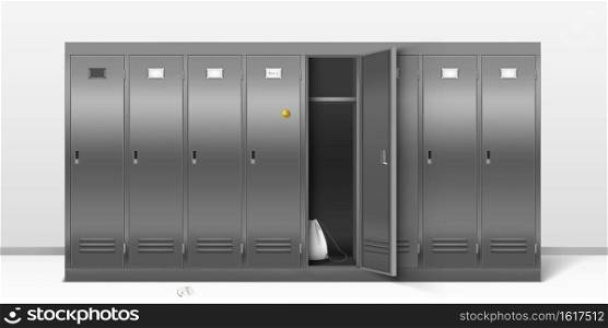Steel lockers, vector school or gym changing room metal cabinets. Row of grey storage furniture with closed and open doors, sport bag inside and name plates in college hall, Realistic 3d illustration. Steel lockers, vector school or gym changing room