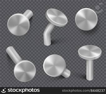 Steel nails. Metal construction items spike hardware carpentry iron caps tools decent vector realistic collection isolated. Illustration of metal and iron, nail tool. Steel nails. Metal construction items spike hardware carpentry iron caps tools decent vector realistic collection isolated