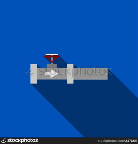 Steel pipeline with red valve icon in flat style on a blue background. Steel pipeline with red valve icon, flat style