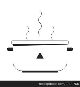 Steel pot with boiling water flat monochrome isolated vector object. Kitchen utensil. Editable black and white line art drawing. Simple outline spot illustration for web graphic design. Steel pot with boiling water flat monochrome isolated vector object