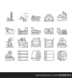 steel production industry metal icons set vector. factory iron, metallurgy industrial manufacturing, equipmen technology, construction steel production industry metal black contour illustrations. steel production industry metal icons set vector